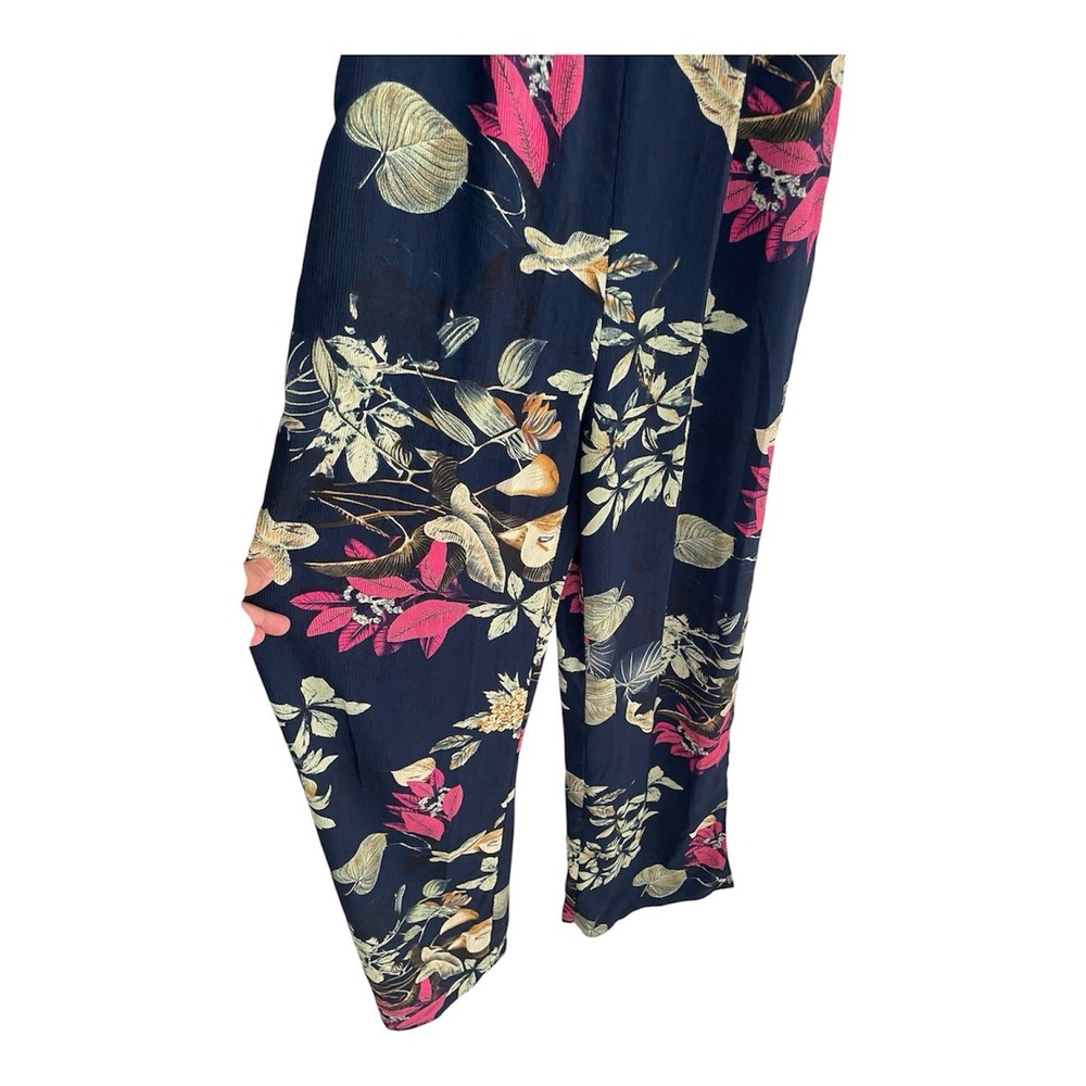 Luxxel Navy Blue Tropical Floral Wide Leg Jumpsuit Small V-Neck Spaghetti Strap - Picture 4 of 8